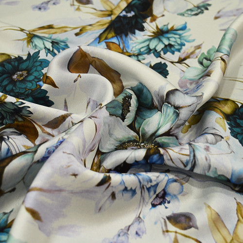 Floral print silk satin fabric blue and gold — Tissus en Ligne