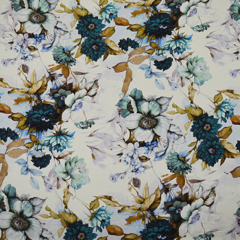 Silk chiffon fabric blue and gold floral print