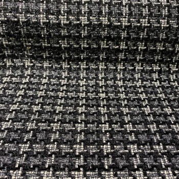 Woven and iridescent tweed fabric with black, white and silver checks