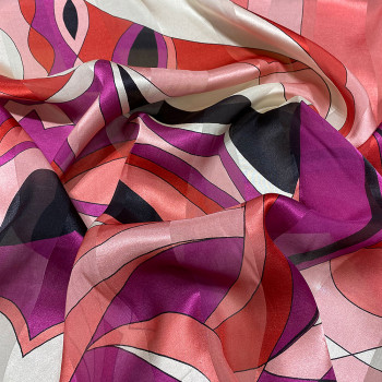 Printed silk chiffon fabric fuchsia and pink geometric with satin bands